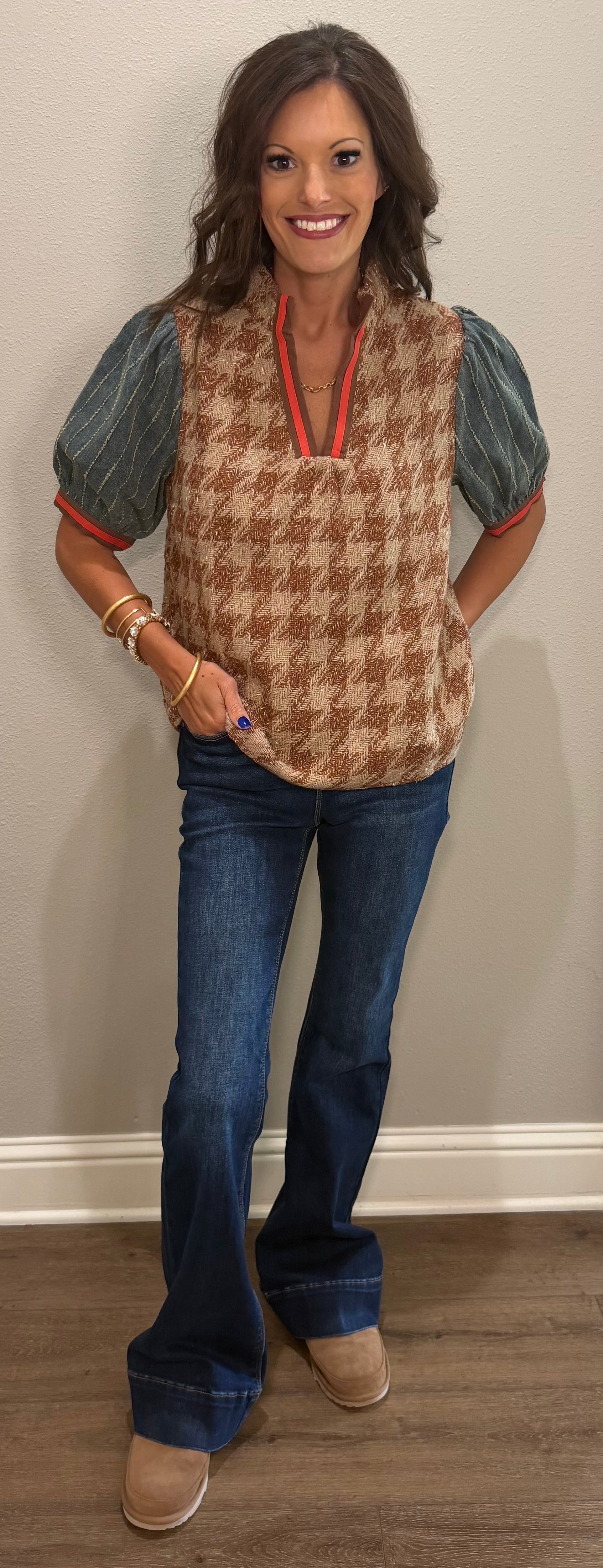 Brown Stripe Denim Sleeve Houndstooth Tweed Top
