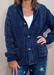 Denim Blue Corded Sweater Cardigan w/ Concho Buttons