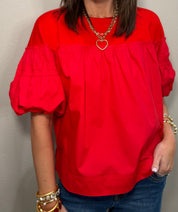 Red Pleated Puff Sleeve Mixed Fabric Top