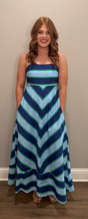 Navy, Light Blue & Green Striped Maxi Dress