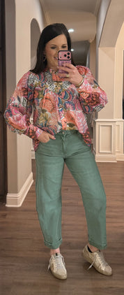 Rose Blush Floral Printed Bubble Sleeve Blouse