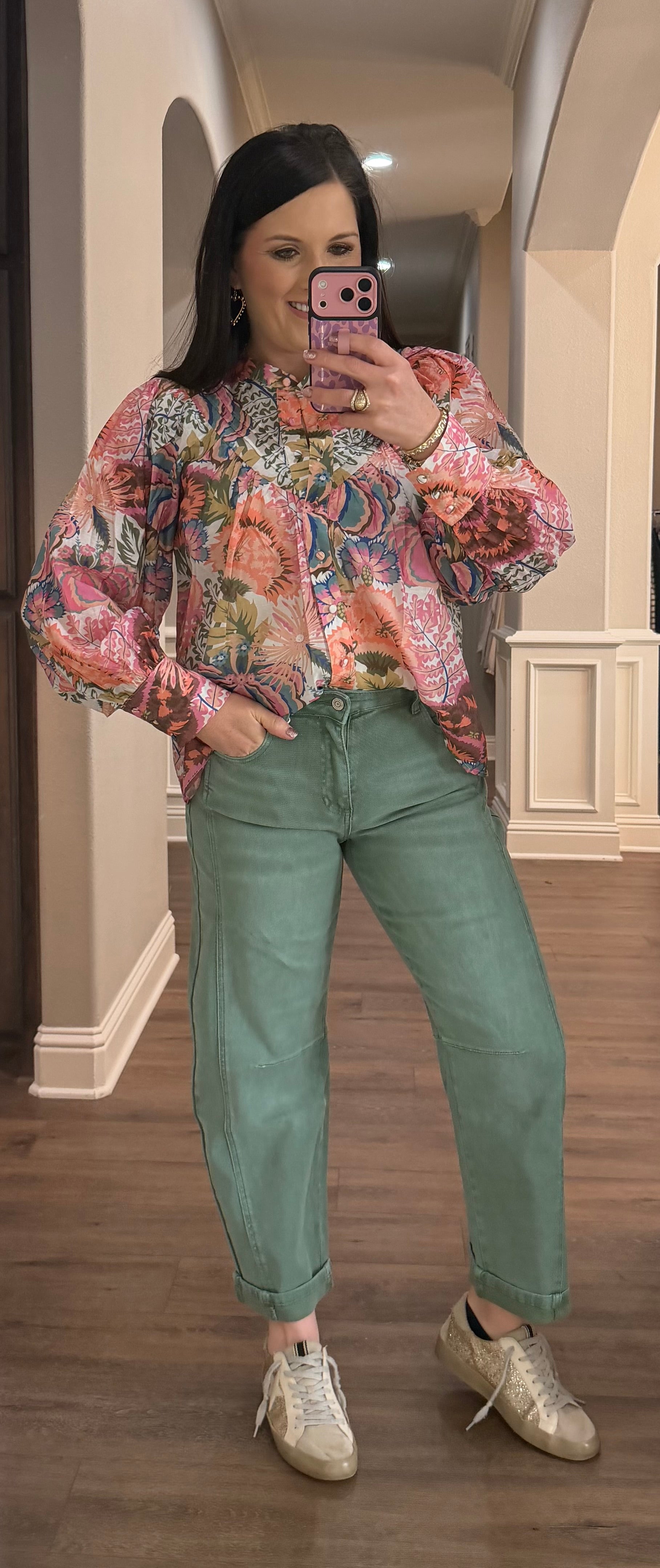 Rose Blush Floral Printed Bubble Sleeve Blouse