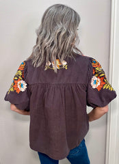 Brown Puff Sleeve Embroidered Detail Top