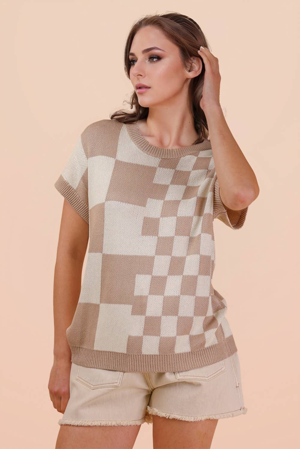 Taupe Mix Checkered Knit Top