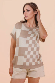 Taupe Mix Checkered Knit Top