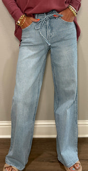 Denim Striped High Rise Wide Leg w/ Tie Pants