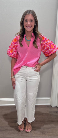 Pink Puff Sleeve Embroidered THML Top
