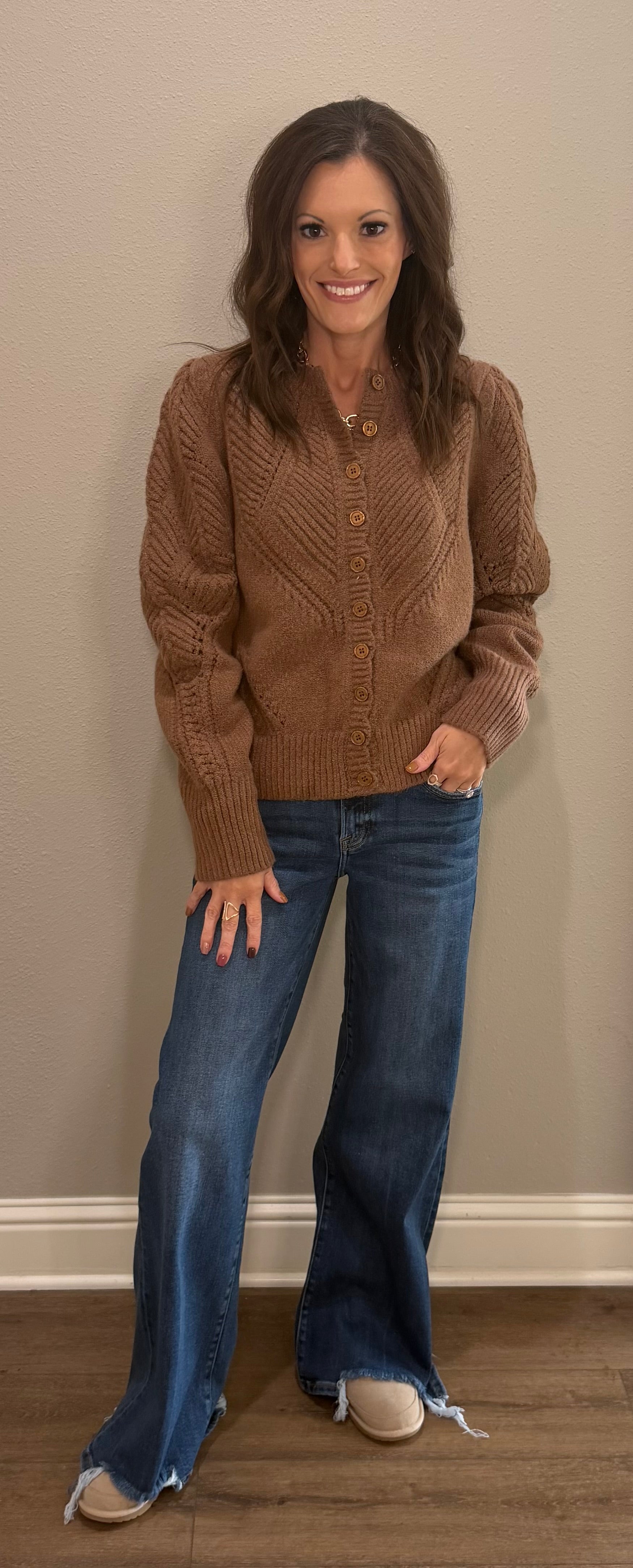Mocha Pointelle Pattern Sweater Cardigan
