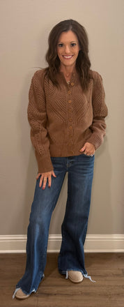 Mocha Pointelle Pattern Sweater Cardigan