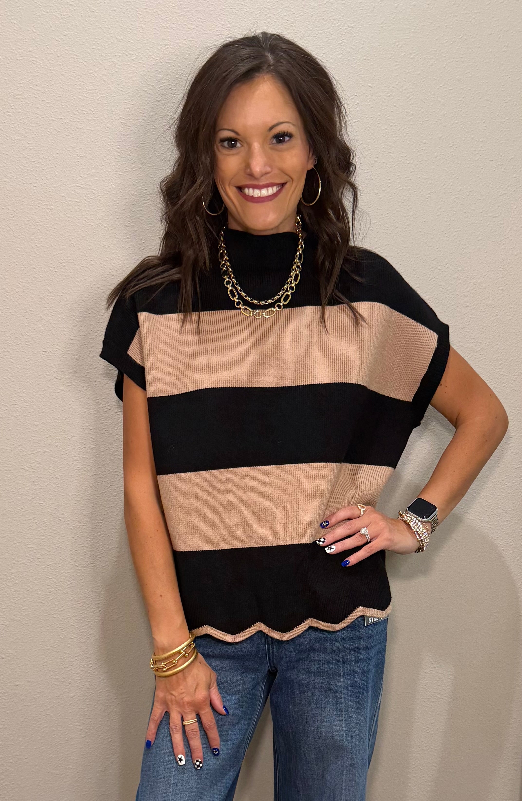 Black/Taupe Stripe Oversized Sweater Vest Top w/ Scalloped Hem