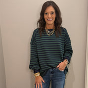 Navy & Green Striped Oversize Waffle Knit Top