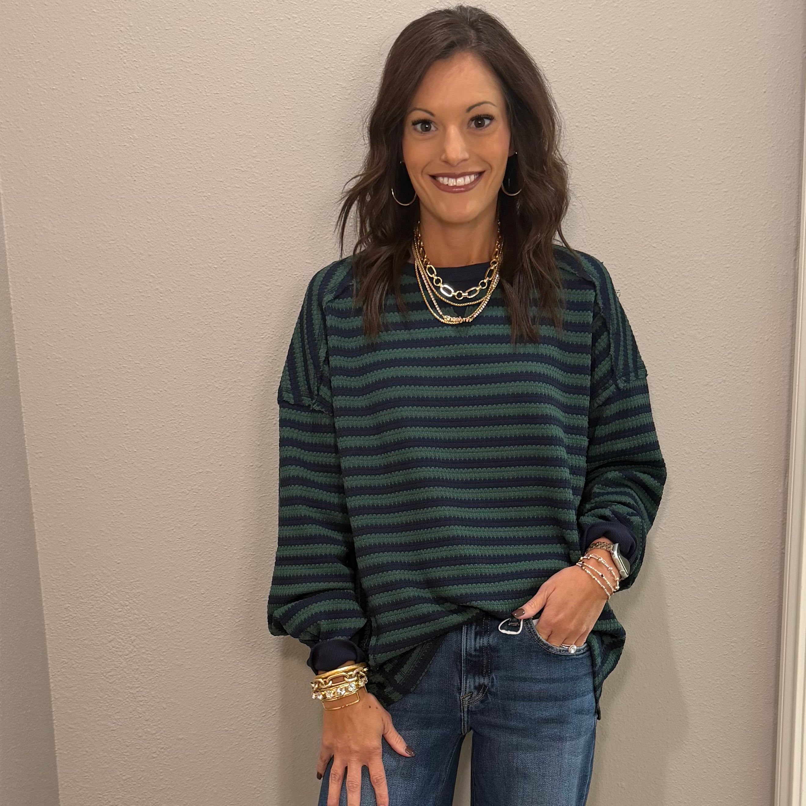 Navy & Green Striped Oversize Waffle Knit Top