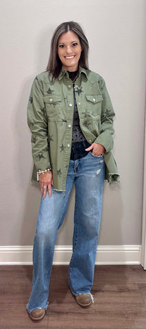 Olive Star Babydoll Front Snap Jacket