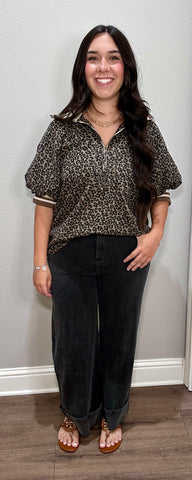 Brown Leopard Puff Sleeve w/ Collar/Sleeve Band Details
