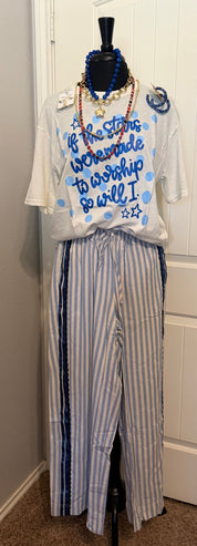 Light Blue/Navy Striped Elastic Waist Pant w/ Lace Trim Details