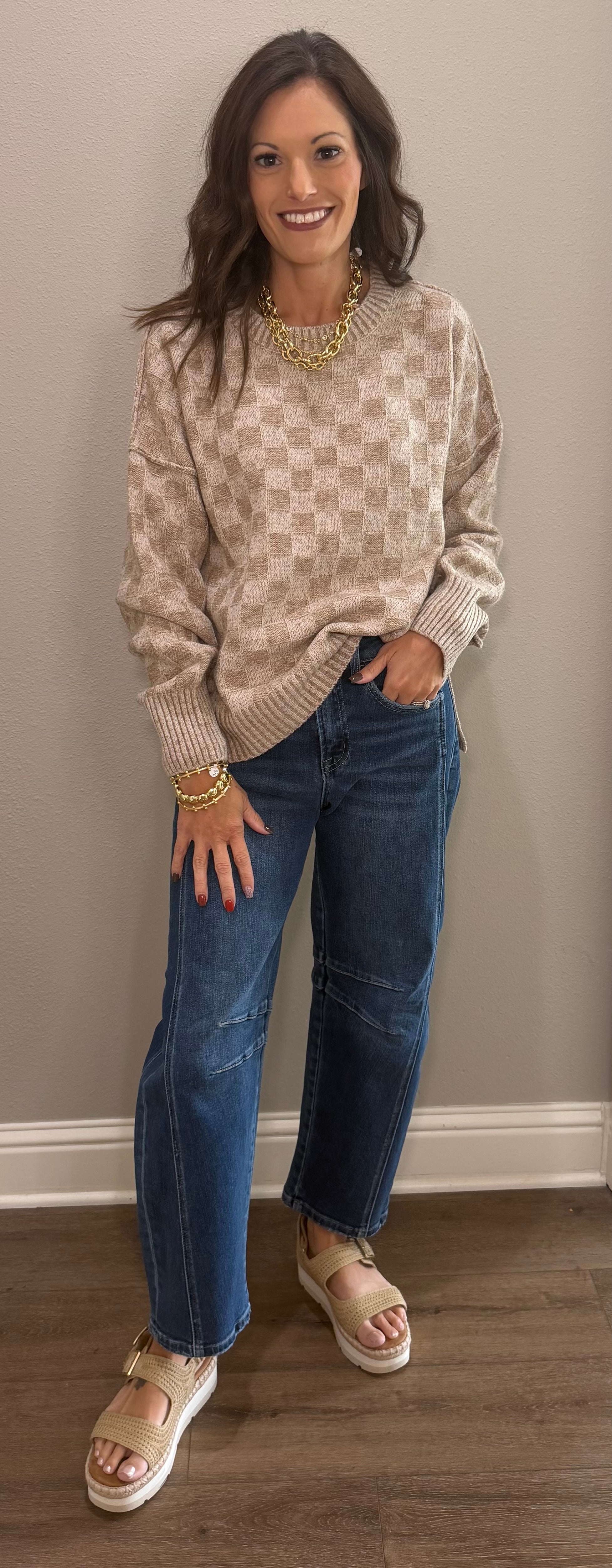Mocha Checkerboard Knit Sweater
