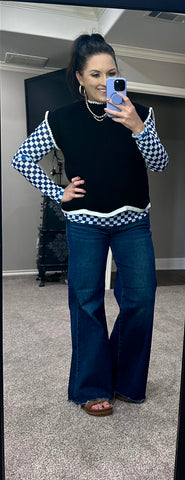 Blue & White Checkered Mesh Long Sleeve