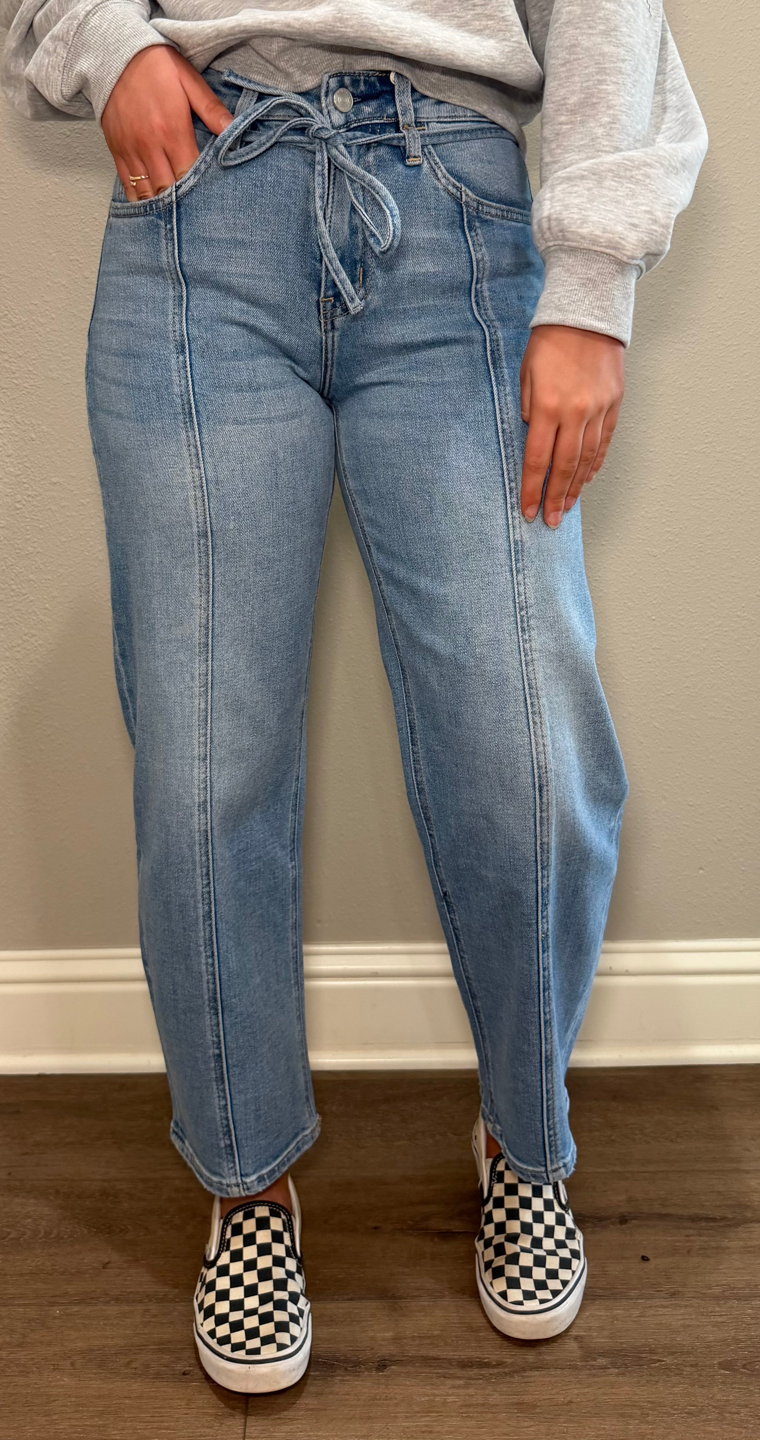 High Rise Tie Waist Cropped Wide Leg Barrel Jean