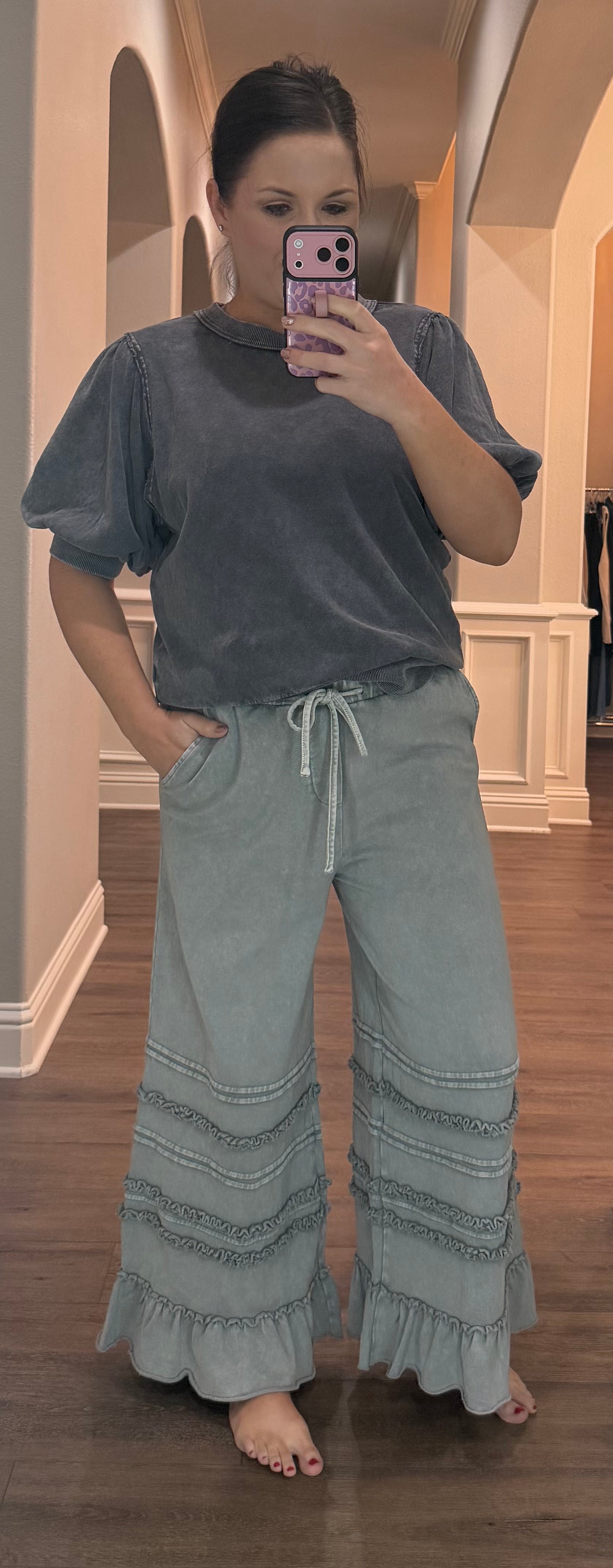 Ash Grey Washed Terry Pants w/ Bottom Details