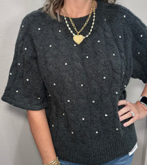 Charcoal Cable Knit Short Sleeve Sweater w/ Rhinestone Accents