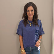 Blue Sequin Pocket Mineral Washed Cotton Top