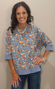 Washed Floral Printed Oversized  Top
