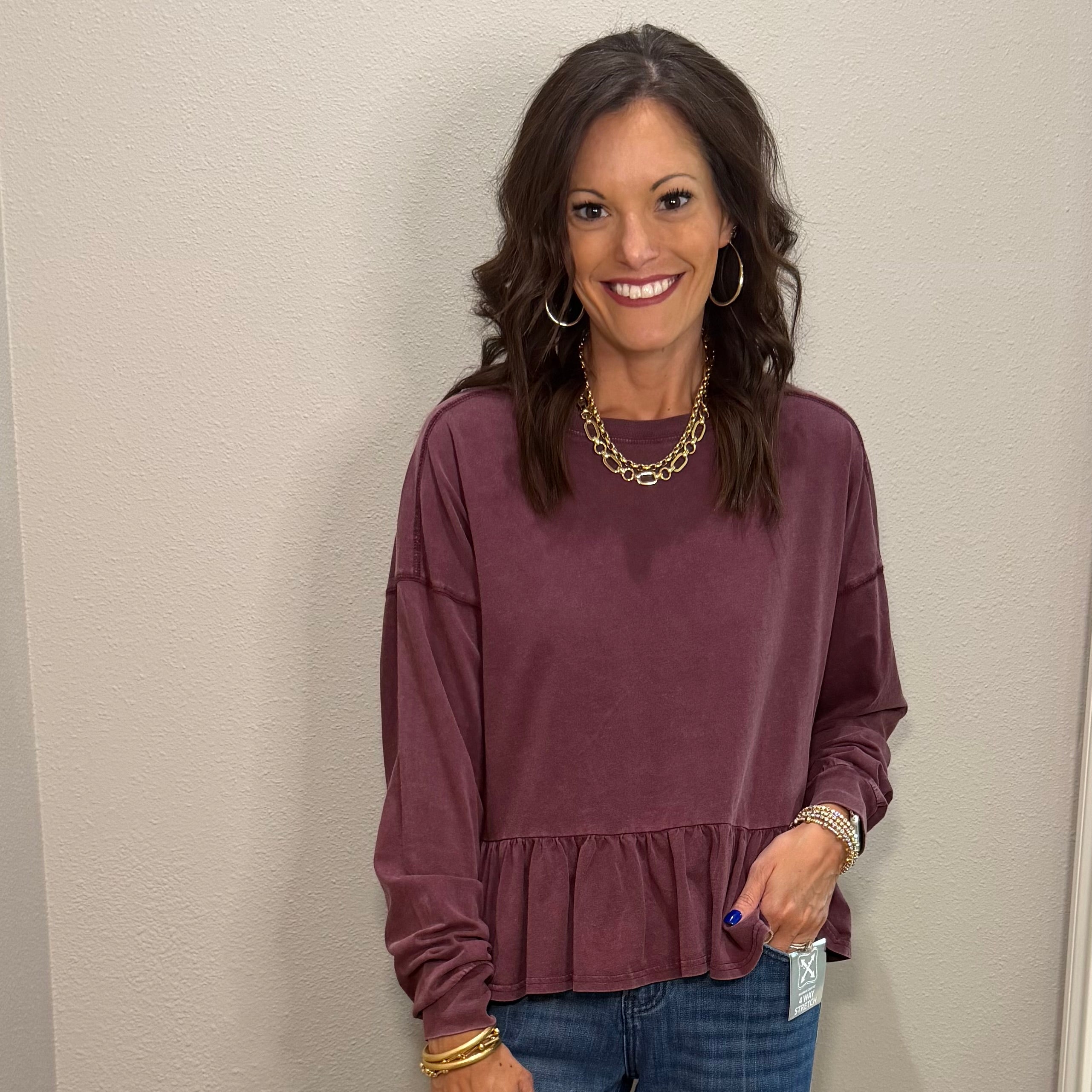 Dark Cherry Peplum Long Sleeve Top