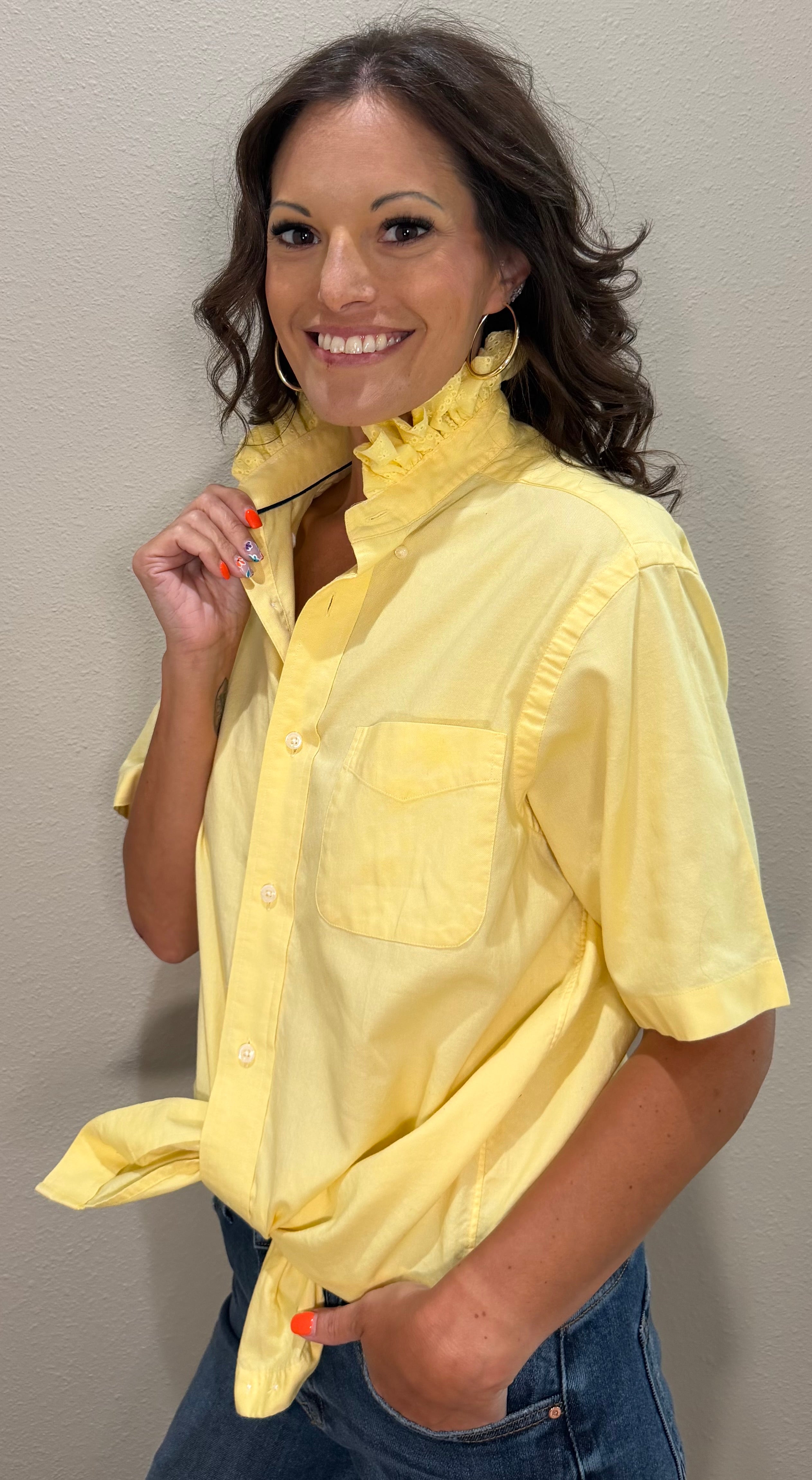 Yellow Short Sleeve Ruffle Collar Top