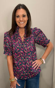 Navy Floral Puff Sleeve Button Down Top