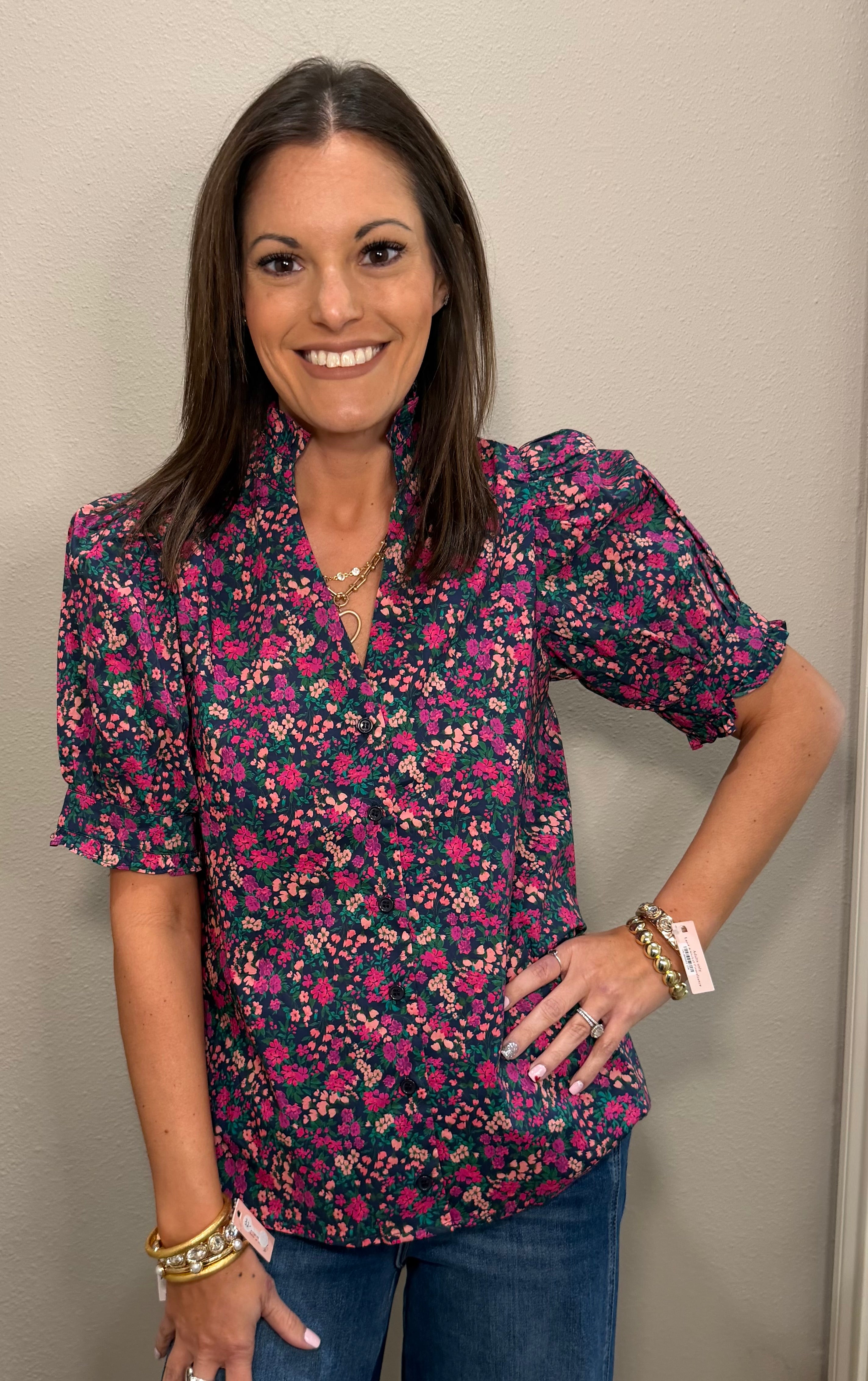 Navy Floral Puff Sleeve Button Down Top