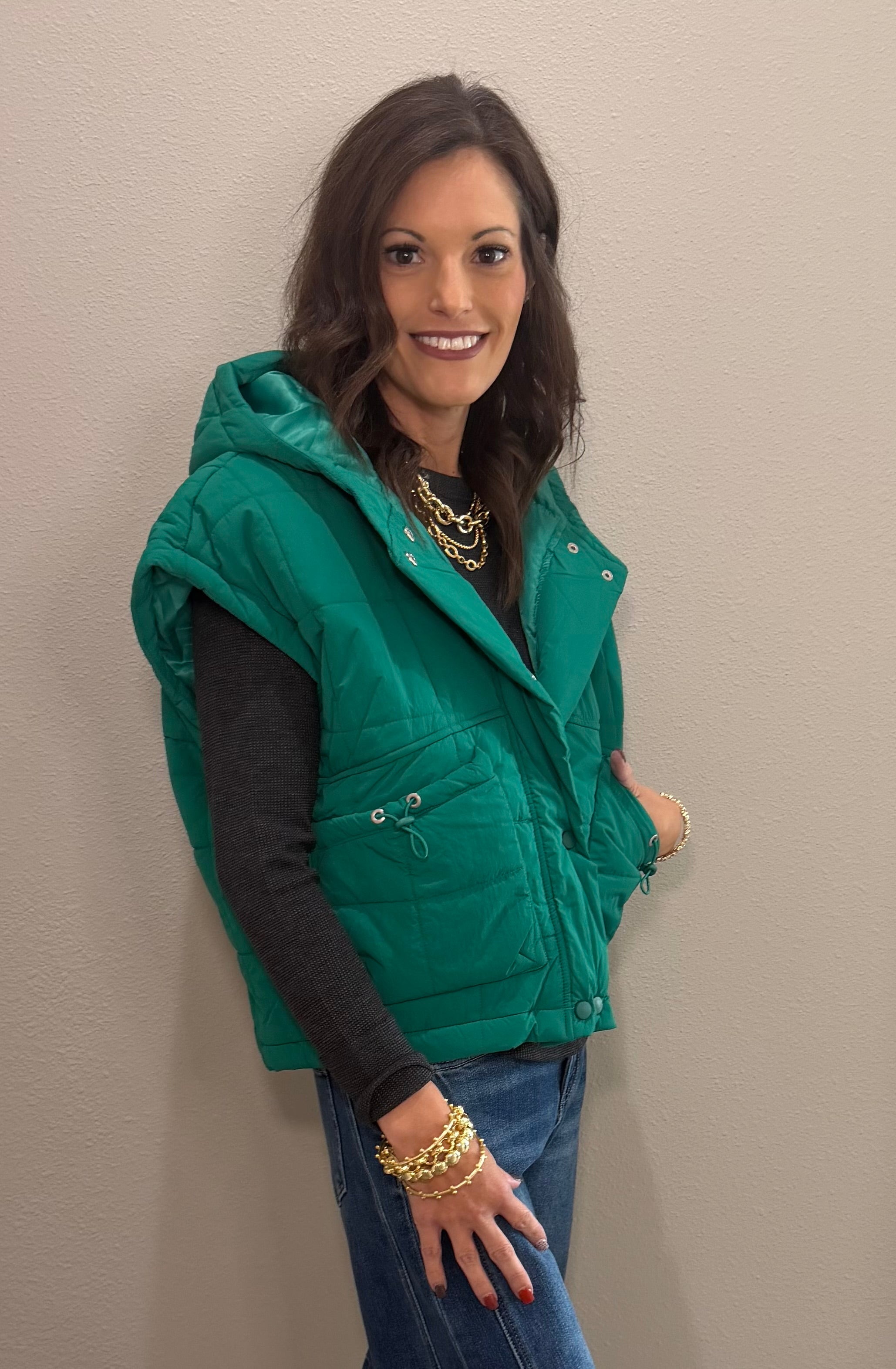 Green Quilted Hooded Puffer Vest