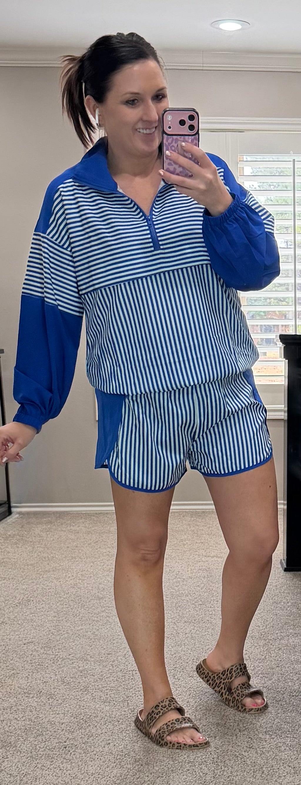 Blue & White Stripe Windbreaker Top & Shorts Set