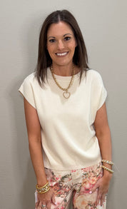 Ivory Viscose Knit Cap Sleeve Top