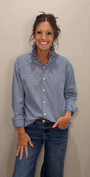 Navy & White Checkered Ruffle Collar Button Down Top