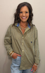 Yellow & Navy Plaid Ruffle Collar Button Down Top