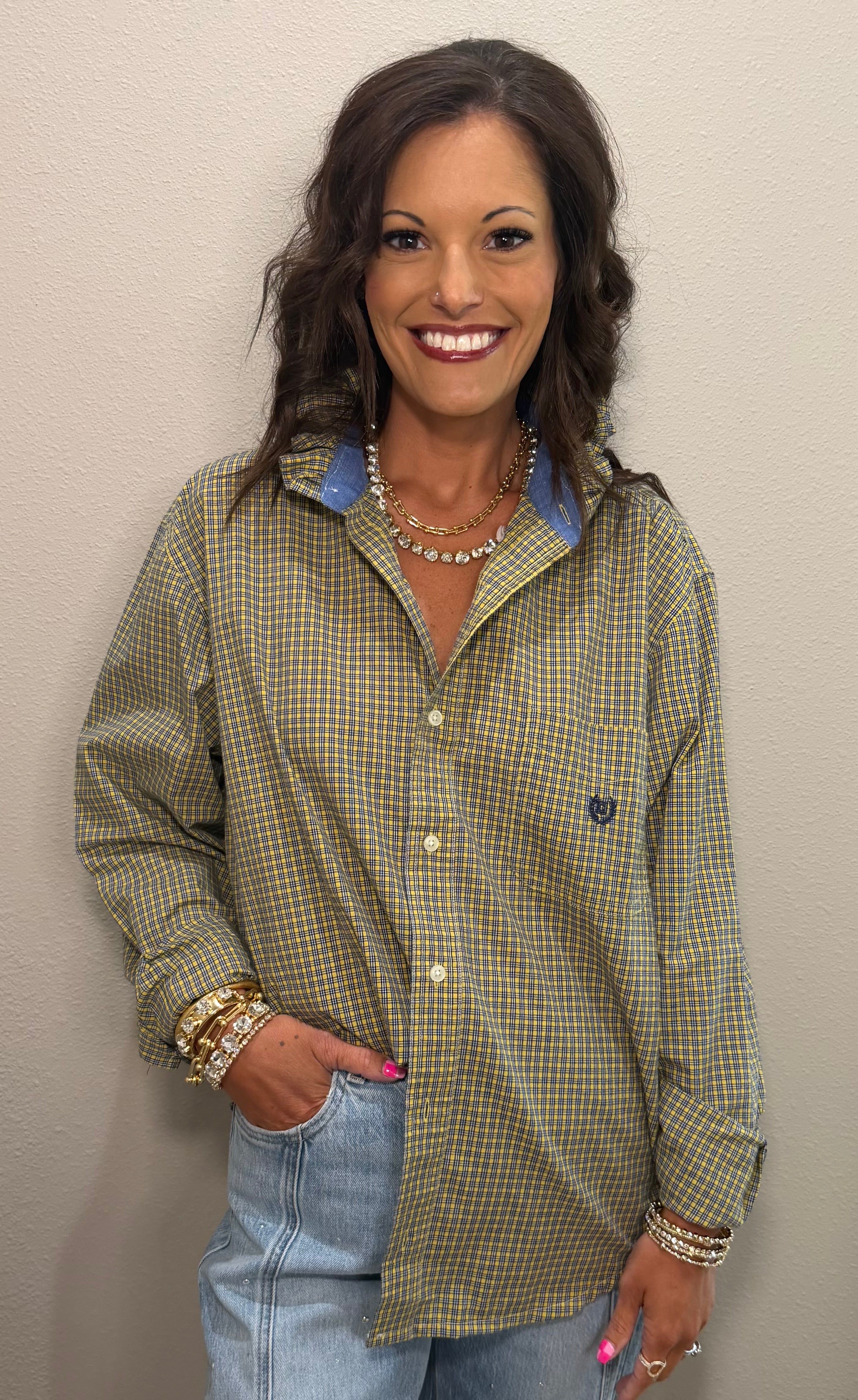 Yellow & Navy Plaid Ruffle Collar Button Down Top