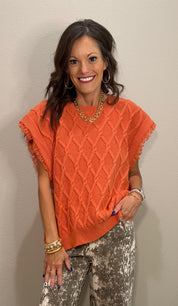 Rust Cable Knit Sleeveless Sweater Vest w/ Side Tie Details