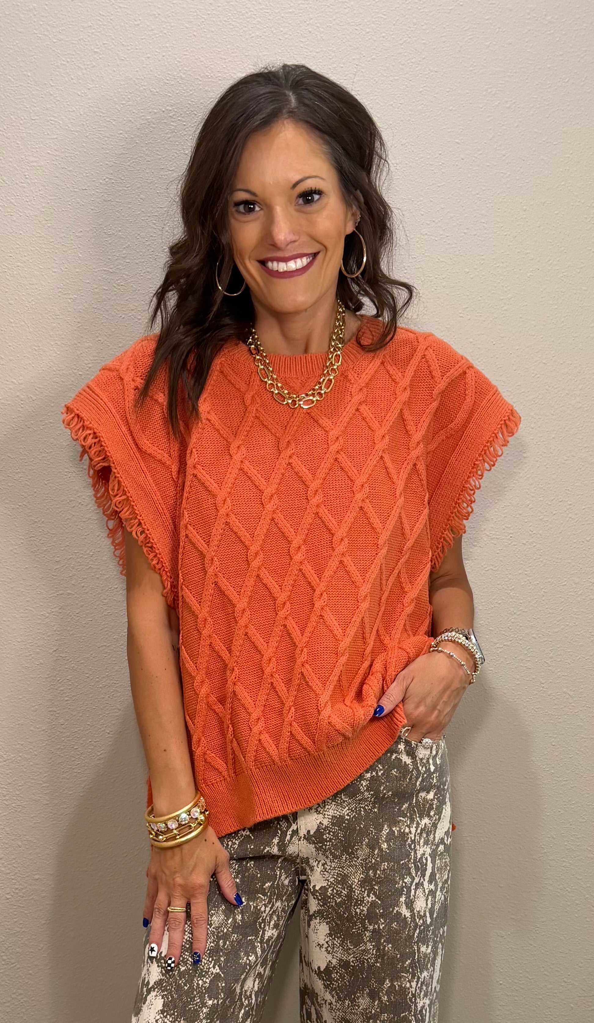 Rust Cable Knit Sleeveless Sweater Vest w/ Side Tie Details