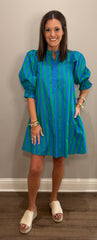 Blue/Green Striped Cotton Puff Sleeve Dress w/ Tie Back