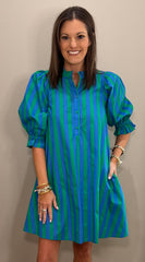 Blue/Green Striped Cotton Puff Sleeve Dress w/ Tie Back