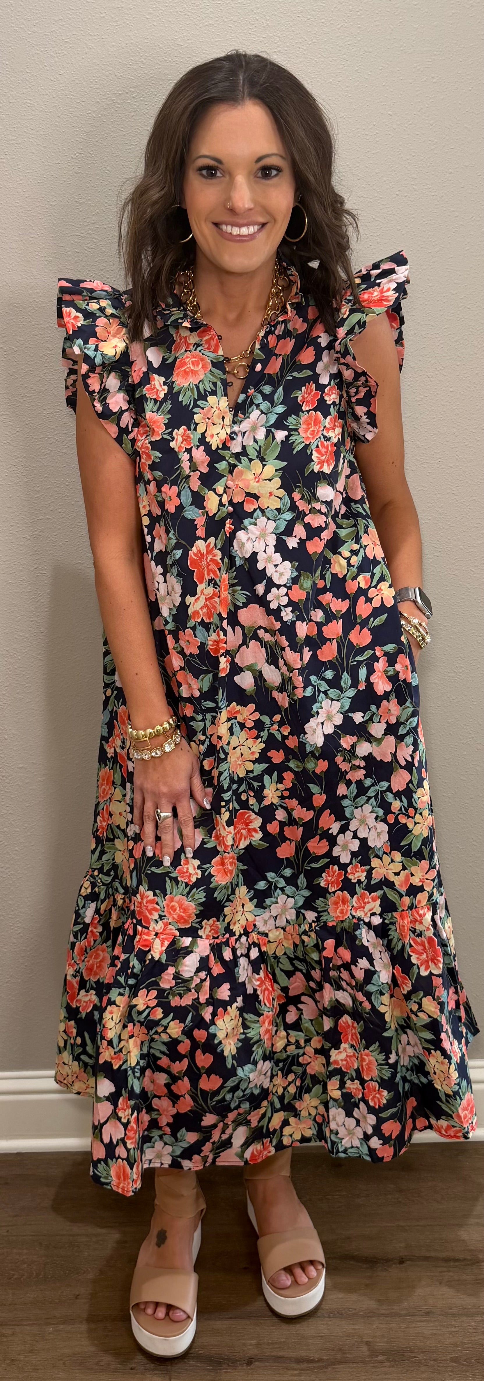 Navy Floral Printed Midi Dress