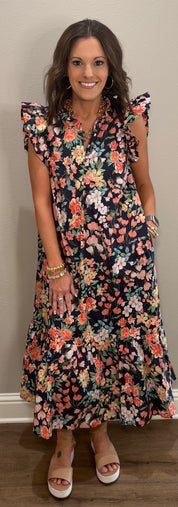 Navy Floral Printed Midi Dress