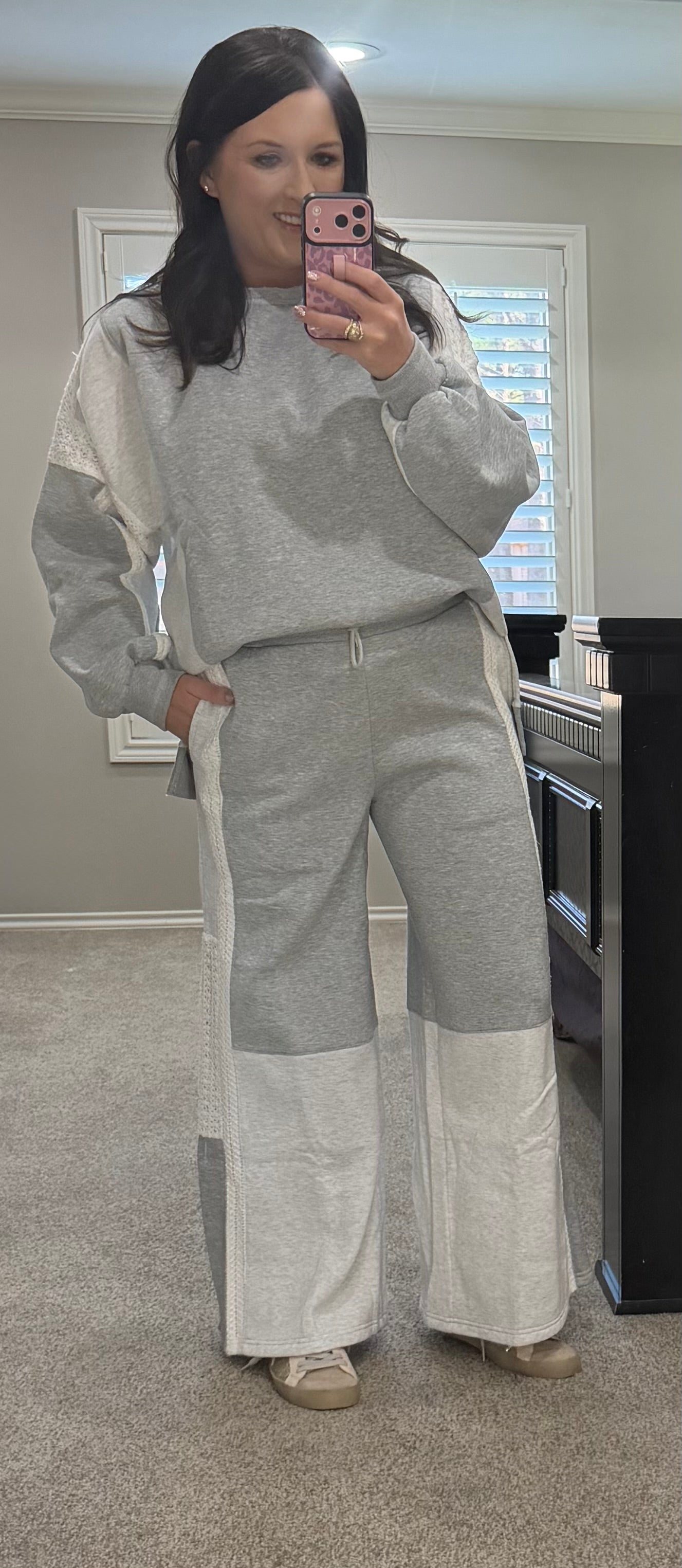Heather Grey Crochet French Terry Mix Media Lounge Set