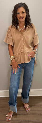 Light Mocha French Terry Ruffle Hem Hooded Pullover Top
