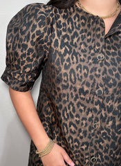 Leopard Dress w/ Puff Sleeves & Gold Lined Buttons