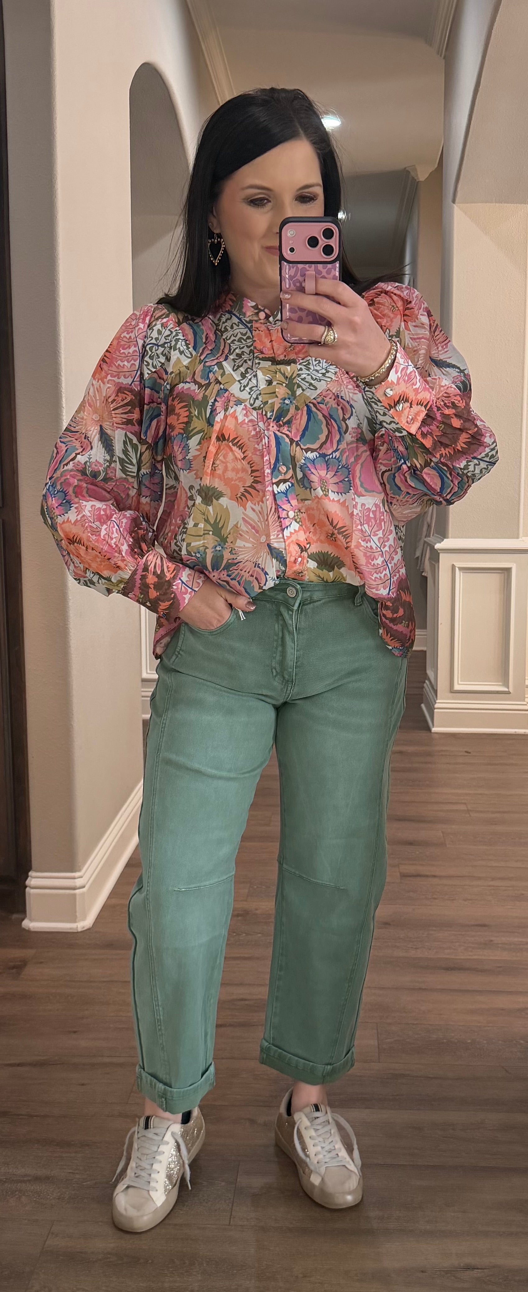 Rose Blush Floral Printed Bubble Sleeve Blouse