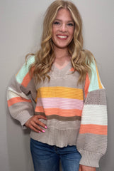 Multi Color Stripe Ribbed Sweater w/ V Neck