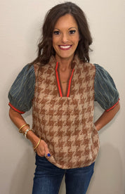 Brown Stripe Denim Sleeve Houndstooth Tweed Top