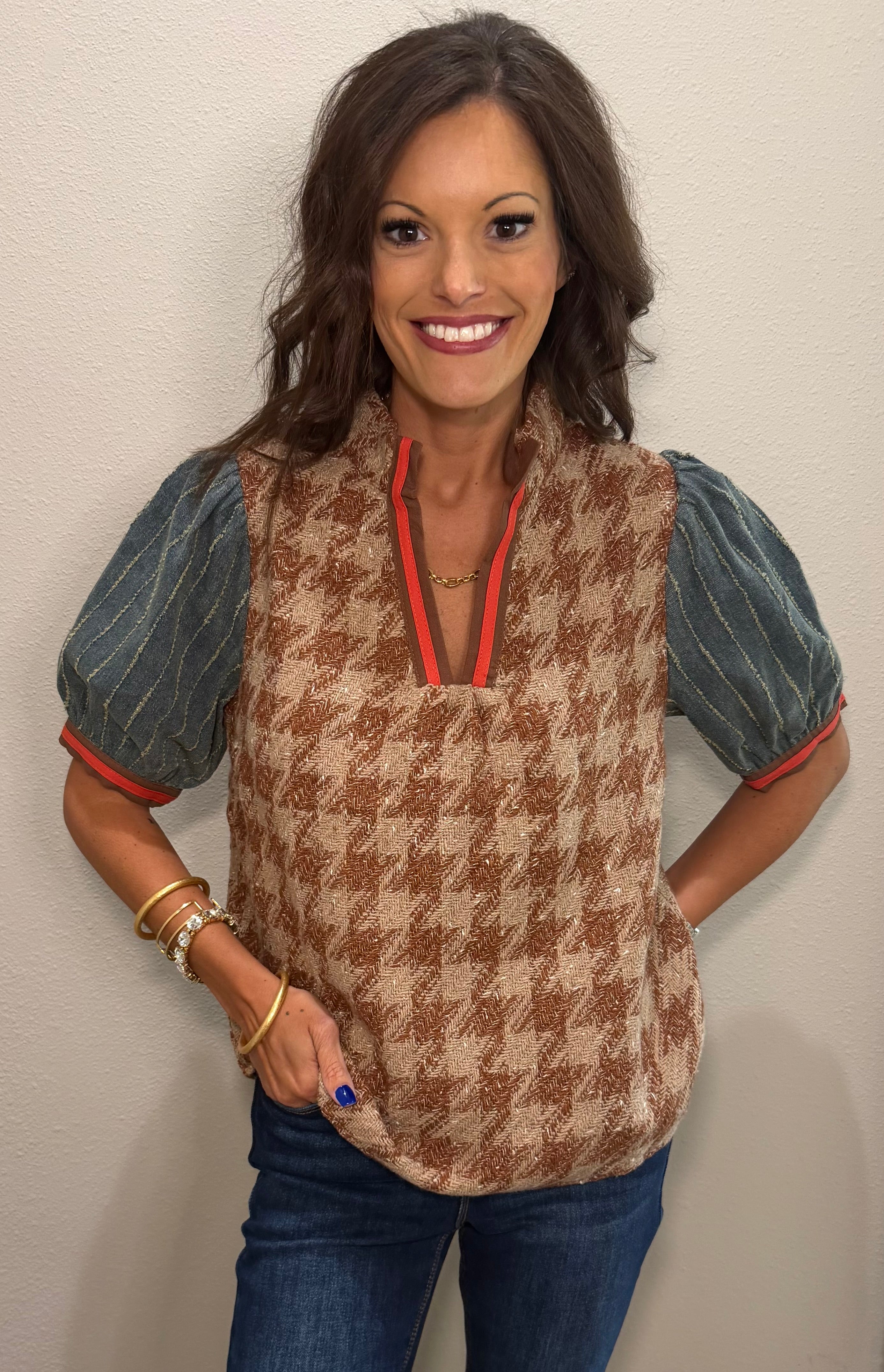 Brown Stripe Denim Sleeve Houndstooth Tweed Top
