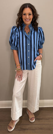 Navy & Blue Striped Puff Sleeve Button Down w/ Ruffle Collar
